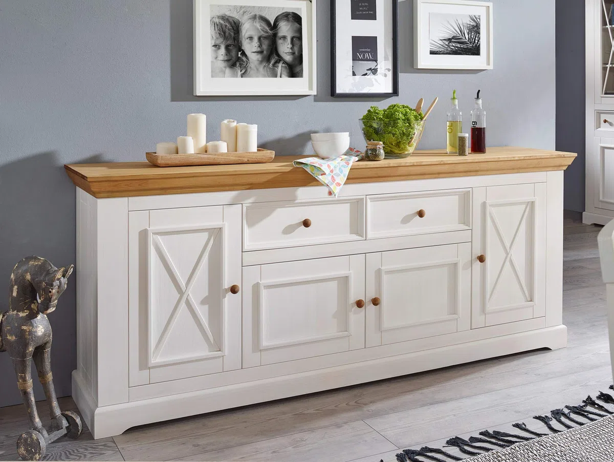 BORNHOLM Sideboard I, Material Massivholz, Kiefer weiss/eichefarbig