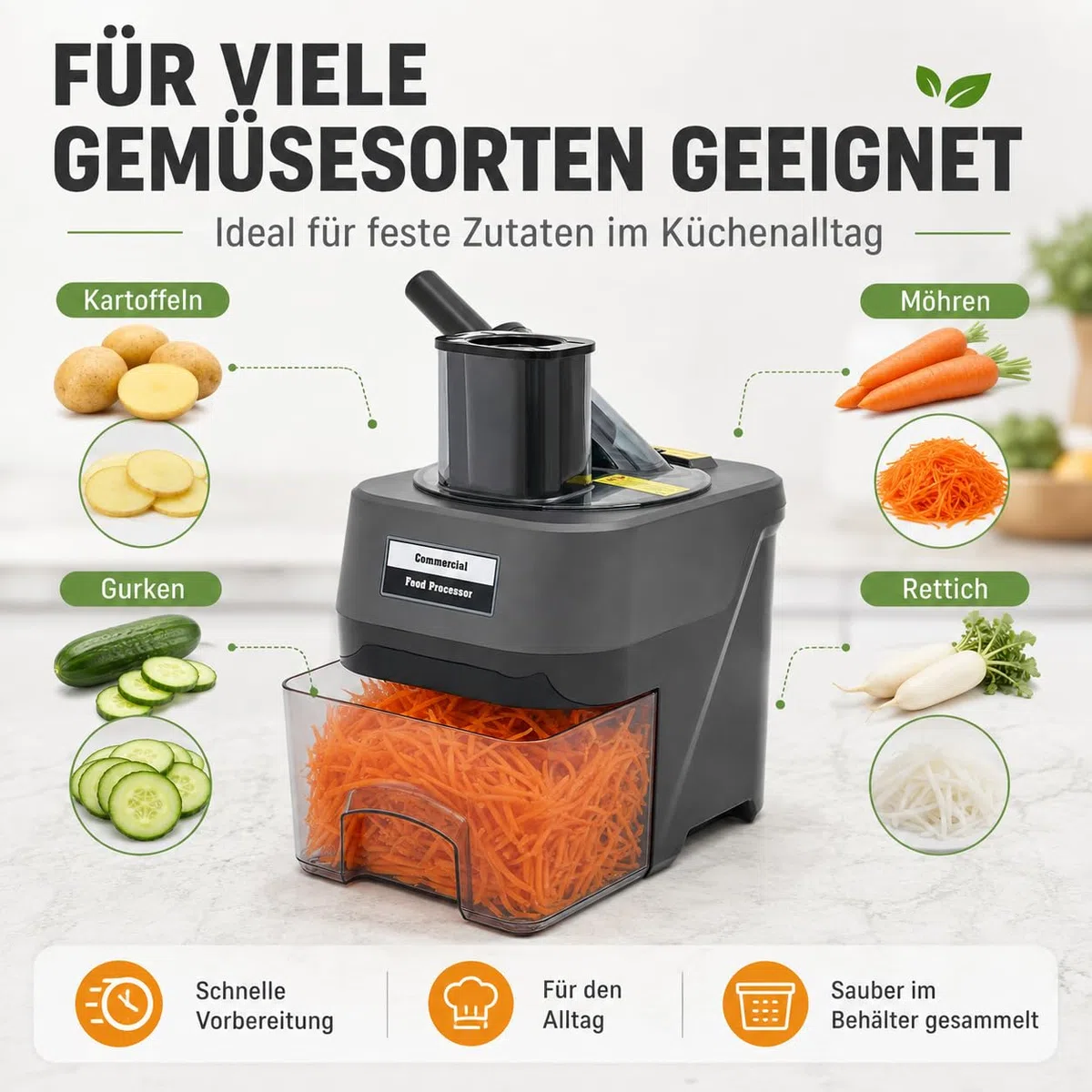 Gewerblicher Gemüseschneider mit 3 Klingen für Gastronomie 100W 220V