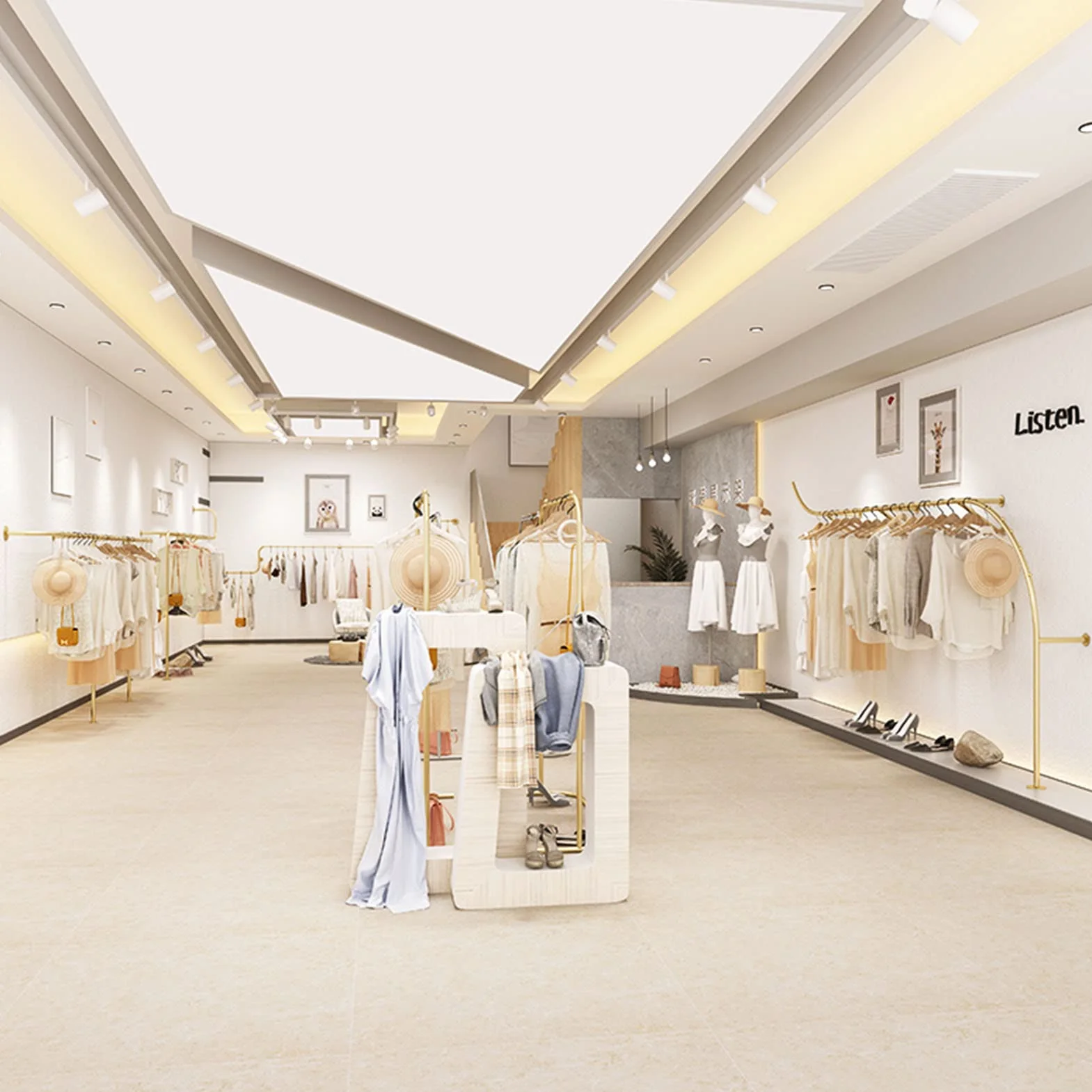 An der Wand montiertes Präsentationsregal aus Metall für Bekleidungsgeschäfte, Schlichter, Goldener Kleiderbügel für Boutique-Bekleidungsgeschäfte, modernes Präsentationsregal für die Aufbew