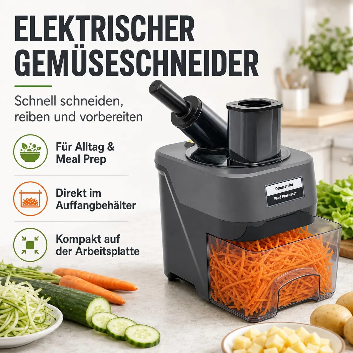 Gewerblicher Gemüseschneider mit 3 Klingen für Gastronomie 100W 220V