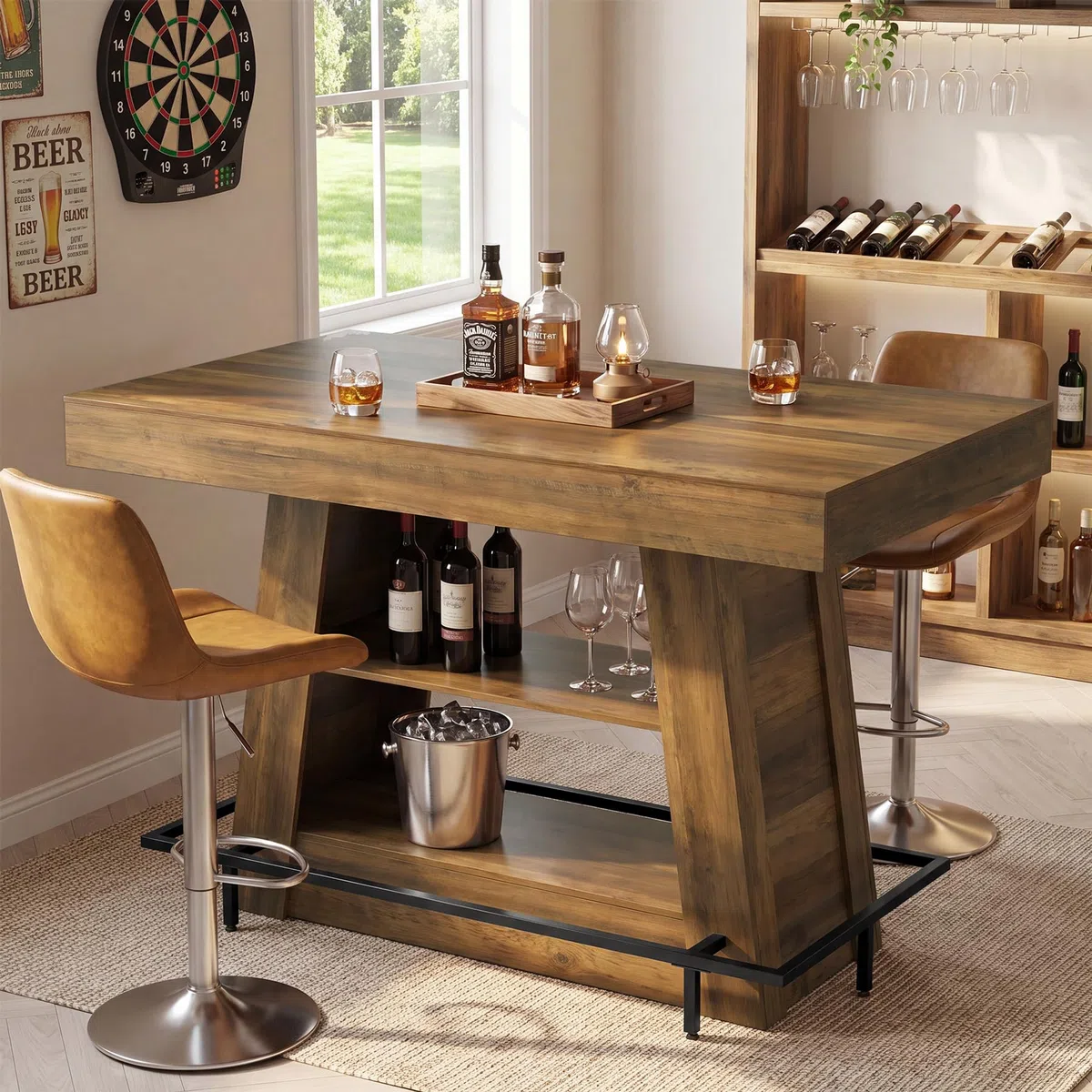 Tribesigns Bartisch 120 x 80 x 100 cm, Stehtisch mit 3 Ablagen, Bistrotisch mit Fußstütze, rechteckiger Hochtisch im Industrial-Stil für Küche, Esszimmer und Wohnzimmer, Braun