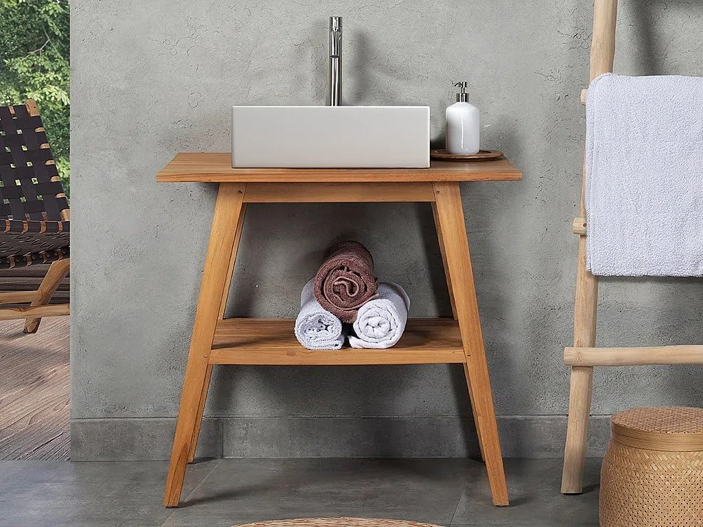 Vente-unique - Waschbeckenunterschrank Bobotsari -L 80cm x B 55cm x H 76cm- Teakholz - naturfarben hell