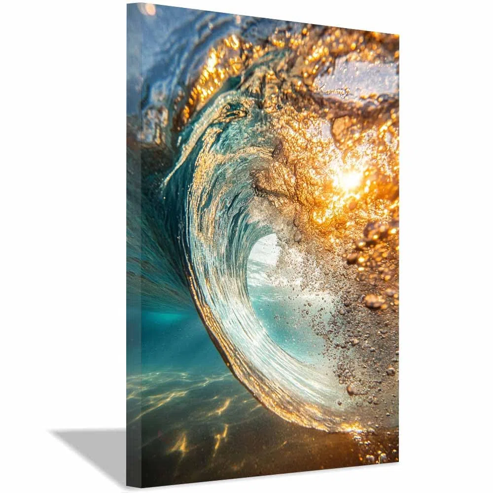QUSAAOU Murale Avec Türkis Gold Spritzende Ozean Welle Bild Tableaux Toile Vintage Sont Parfaits Pour DéCoration IntéRieure Notamment Salons Chambres Couloirs Cuisine(Turquoise)-70x100cm Gerahmt