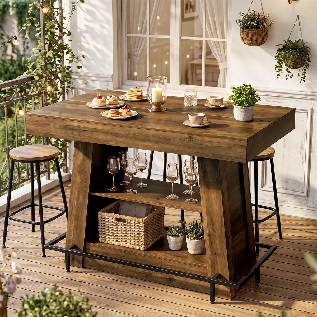Tribesigns Bartisch 120 x 80 x 100 cm, Stehtisch mit 3 Ablagen, Bistrotisch mit Fußstütze, rechteckiger Hochtisch im Industrial-Stil für Küche, Esszimmer und Wohnzimmer, Braun