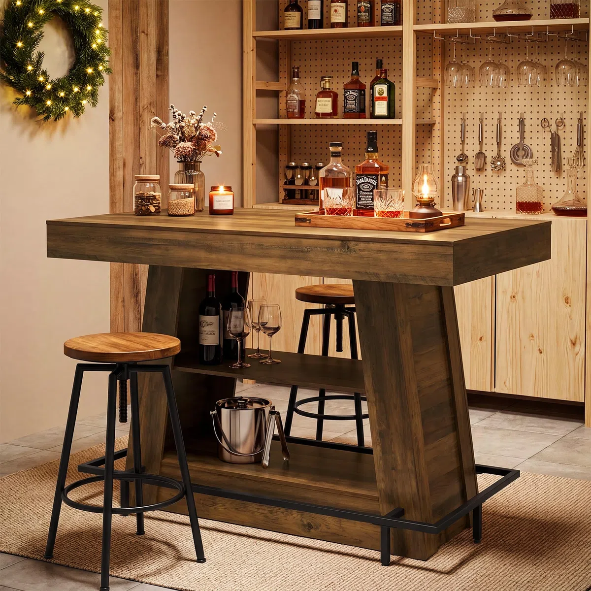 Tribesigns Bartisch 120 x 80 x 100 cm, Stehtisch mit 3 Ablagen, Bistrotisch mit Fußstütze, rechteckiger Hochtisch im Industrial-Stil für Küche, Esszimmer und Wohnzimmer, Braun