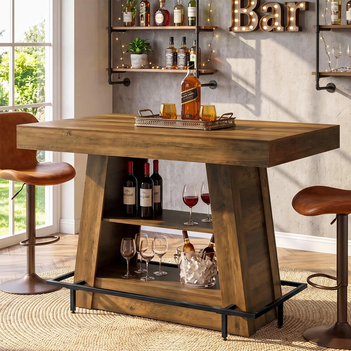 Tribesigns Bartisch 120 x 80 x 100 cm, Stehtisch mit 3 Ablagen, Bistrotisch mit Fußstütze, rechteckiger Hochtisch im Industrial-Stil für Küche, Esszimmer und Wohnzimmer, Braun