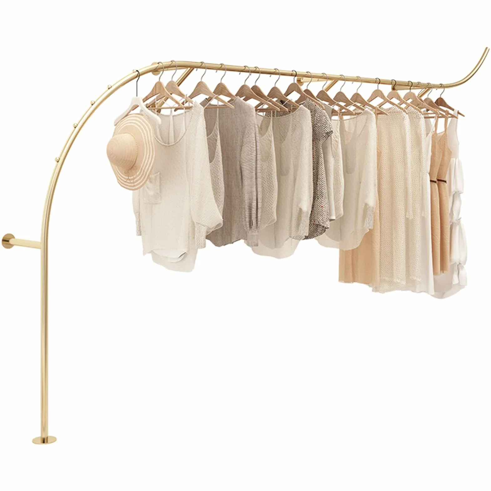 Wandmontierte Boutique-Bekleidungsgeschäft-Präsentationsregale,Moderne Metall-Einzelhandelsgeschäft-Bekleidungs-Präsentationsregale,goldene Kleiderbügel,Schrank-Hängestangen,Waschküchen-Klei