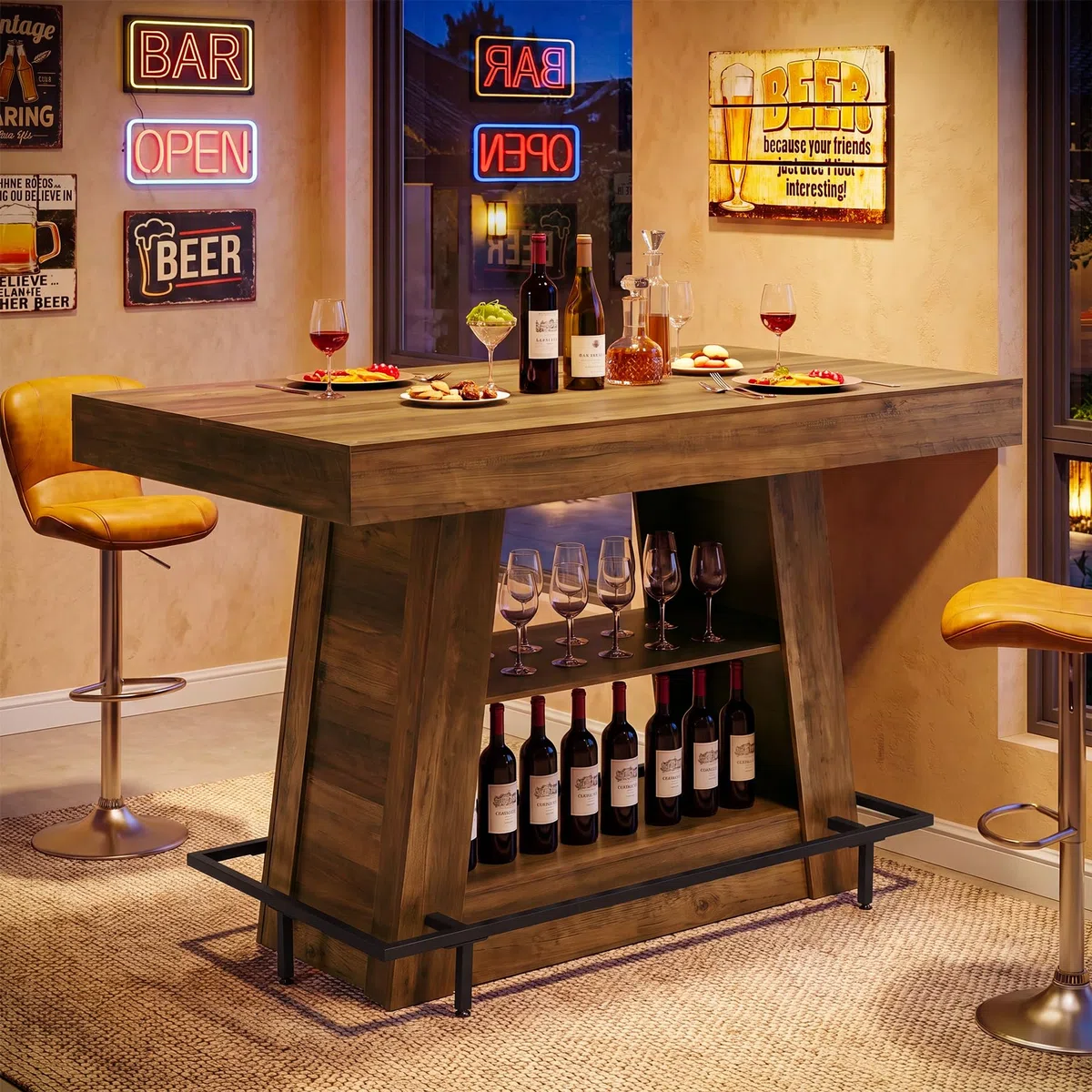 Tribesigns Bartisch 120 x 80 x 100 cm, Stehtisch mit 3 Ablagen, Bistrotisch mit Fußstütze, rechteckiger Hochtisch im Industrial-Stil für Küche, Esszimmer und Wohnzimmer, Braun
