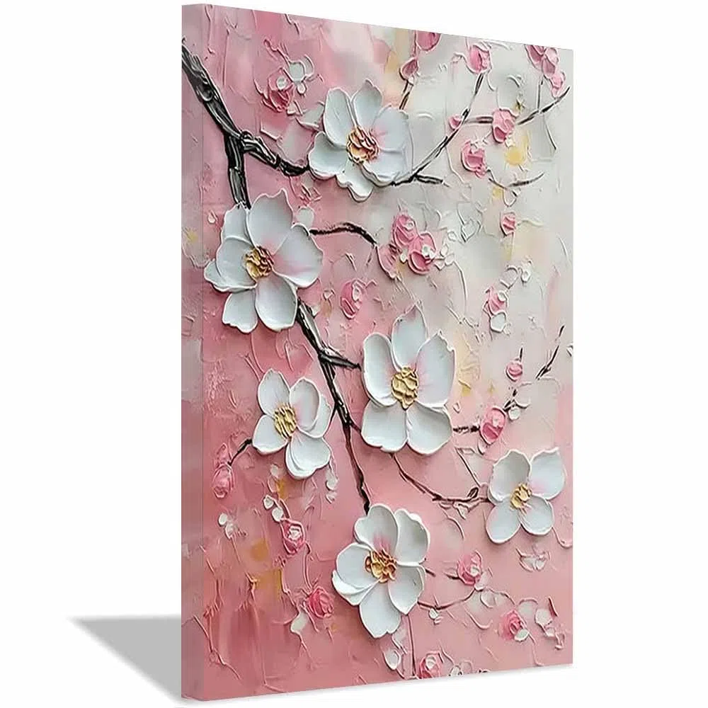 QUSAAOU Art Wall Decor Pastose Rosa Weiß Blüte Zweig Wanddeko Bild Schlafzimmer KüChe Deko Wandbilder Dekoration Wohnzimmer Wall Decor Canvas Wand Kunstdruck(Rosa)-70x100cm Gerahmt