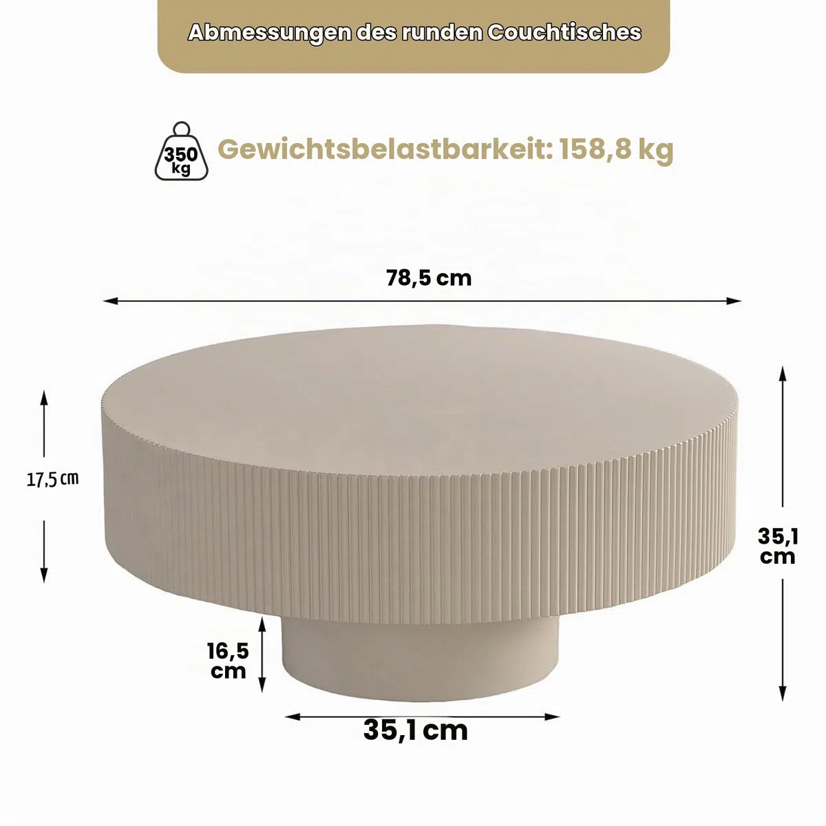Moderner Geriffelter Runder Holz-Couchtisch, Beige 78,5 cm