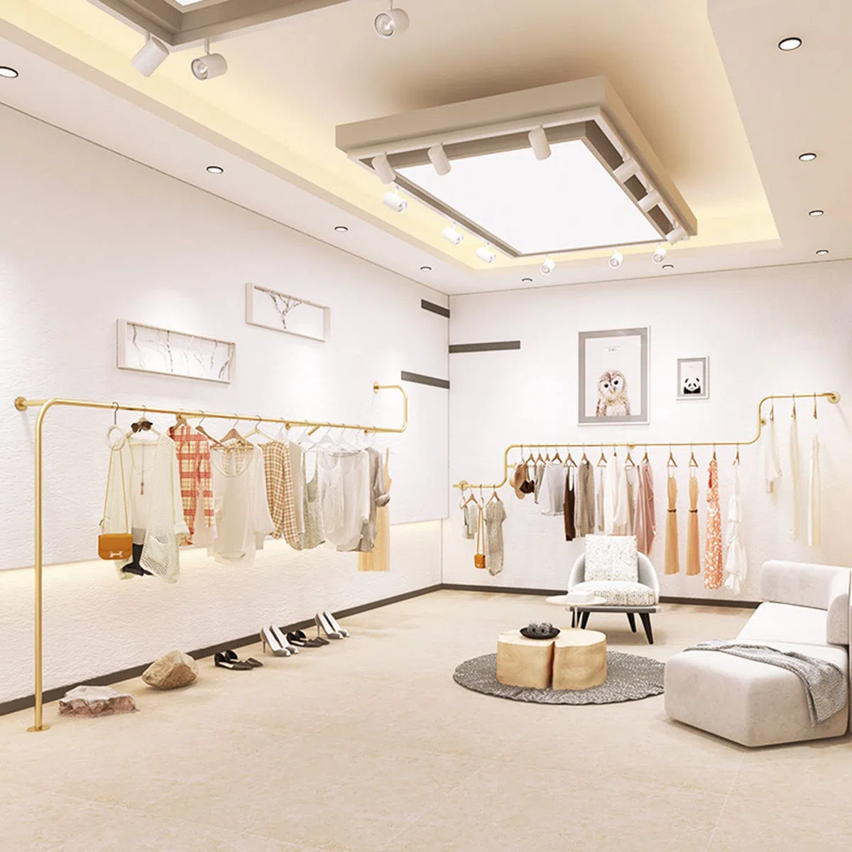 An der Wand montiertes Präsentationsregal aus Metall für Bekleidungsgeschäfte, Schlichter, Goldener Kleiderbügel für Boutique-Bekleidungsgeschäfte, modernes Präsentationsregal für die Aufbew