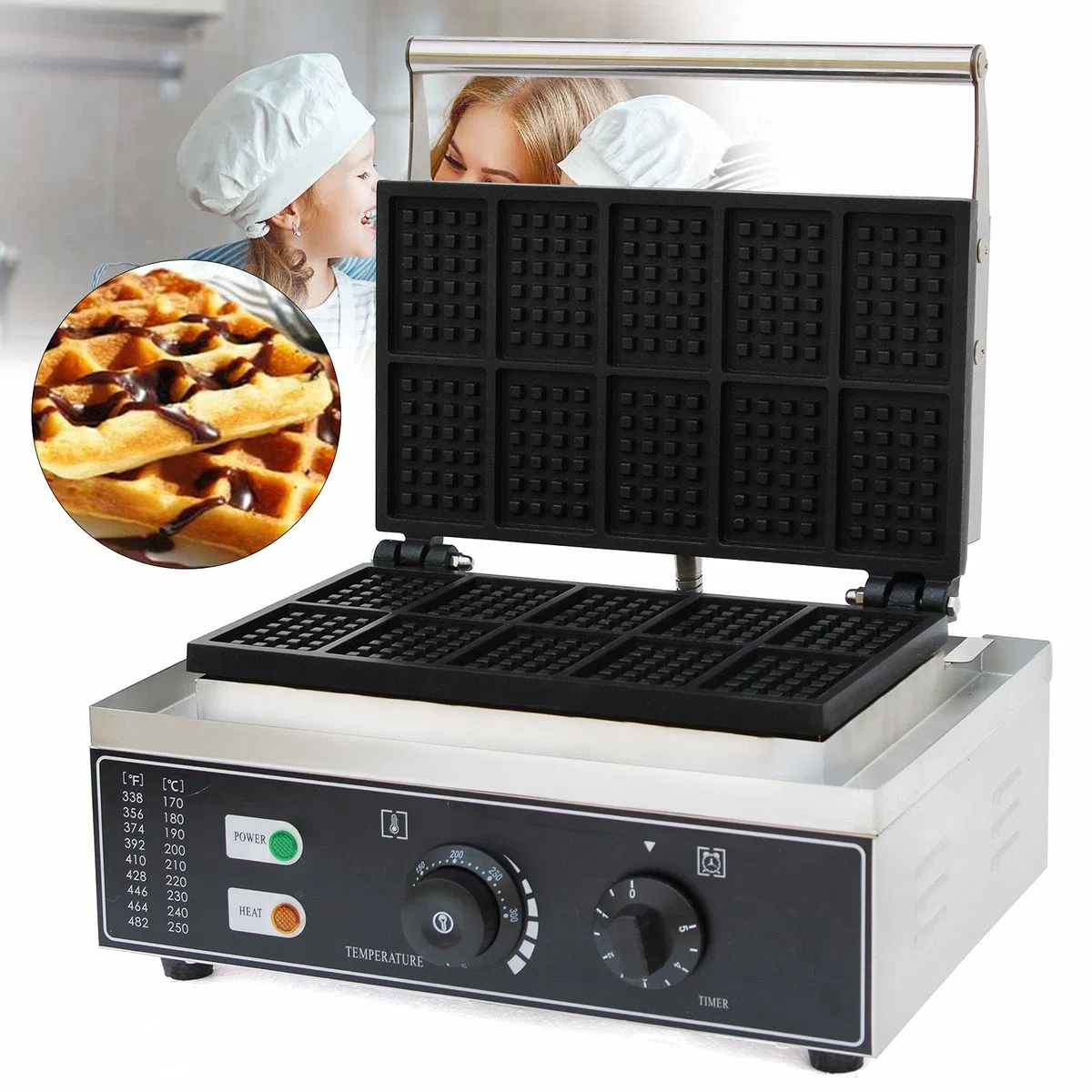 Waffelmaschine 10 Fächer 1550W Antihaftbeschichtung Edelstahl Timer