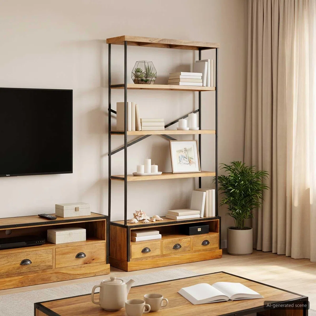 5-stufiges Bücherschrank Natur 100 x 30 x 180 cm aus Mango-Holz sowie Stahl geeignet für Wohnzimmer, Büro sowie Schlafraum, platzsparender Stauraum Organizer inklusive 3 Schubladen sowie