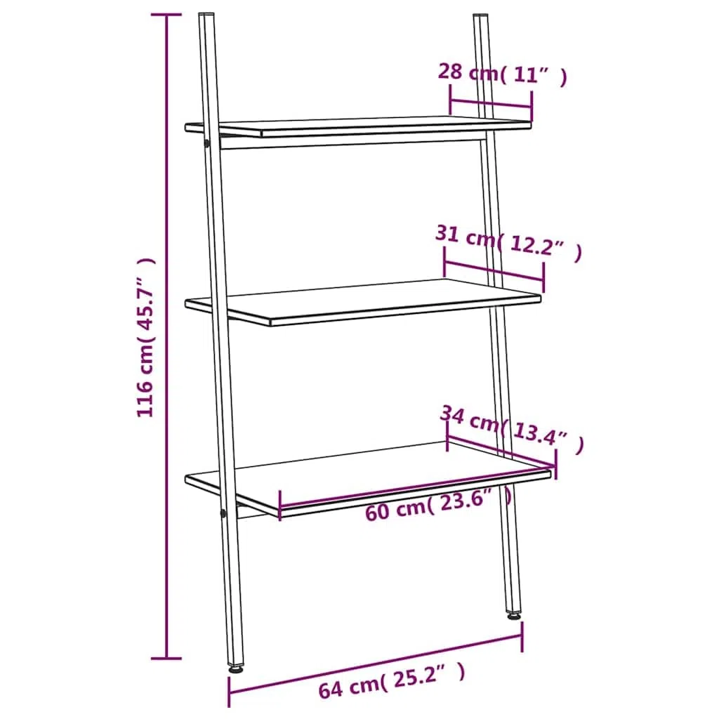 Leiterregal mit 3 Böden Schwarz 64x34x116 cm stabiles Standregal für Bücher, Akten, Dekorationen ideal für Büro, Wohnzimmer, Kinderzimmer, Flur, mit Wandhalterung für sicheren Stand