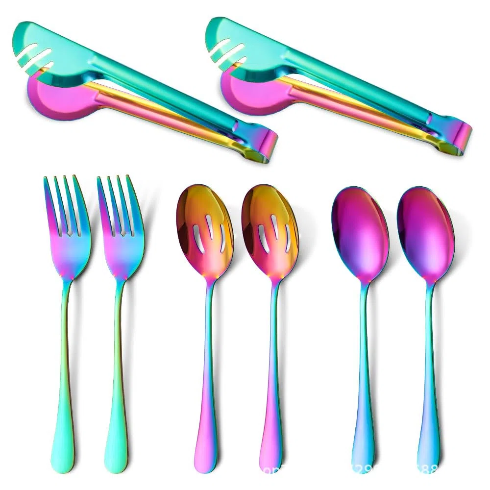 Generisch Dieses 8-teilige Edelstahl-Besteckset besteht aus Serviergabel, Löffel, Sieb, Mehrzweck-Tischbesteck, Steakzange und Servierlöffel. Rose Go, Rainbow-6-Set