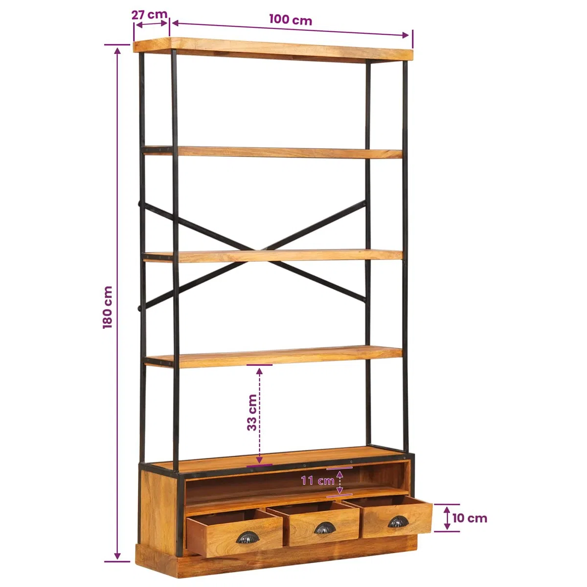 5-stufiges Bücherschrank Natur 100 x 30 x 180 cm aus Mango-Holz sowie Stahl geeignet für Wohnzimmer, Büro sowie Schlafraum, platzsparender Stauraum Organizer inklusive 3 Schubladen sowie