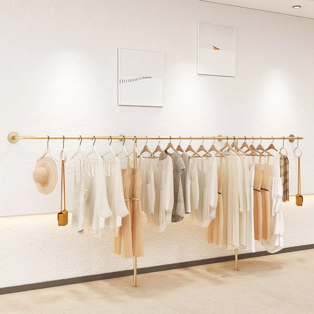 An der Wand montiertes Präsentationsregal aus Metall für Bekleidungsgeschäfte, Schlichter, Goldener Kleiderbügel für Boutique-Bekleidungsgeschäfte, modernes Präsentationsregal für die Aufbew
