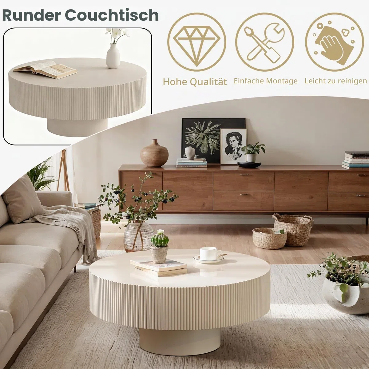 Moderner Geriffelter Runder Holz-Couchtisch, Beige 78,5 cm