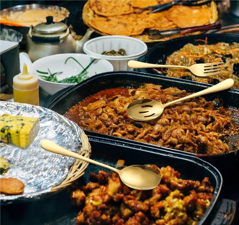 Generisch Dieses 8-teilige Edelstahl-Besteckset besteht aus Serviergabel, Löffel, Sieb, Mehrzweck-Tischbesteck, Steakzange und Servierlöffel. Rose Go, Rainbow-6-Set