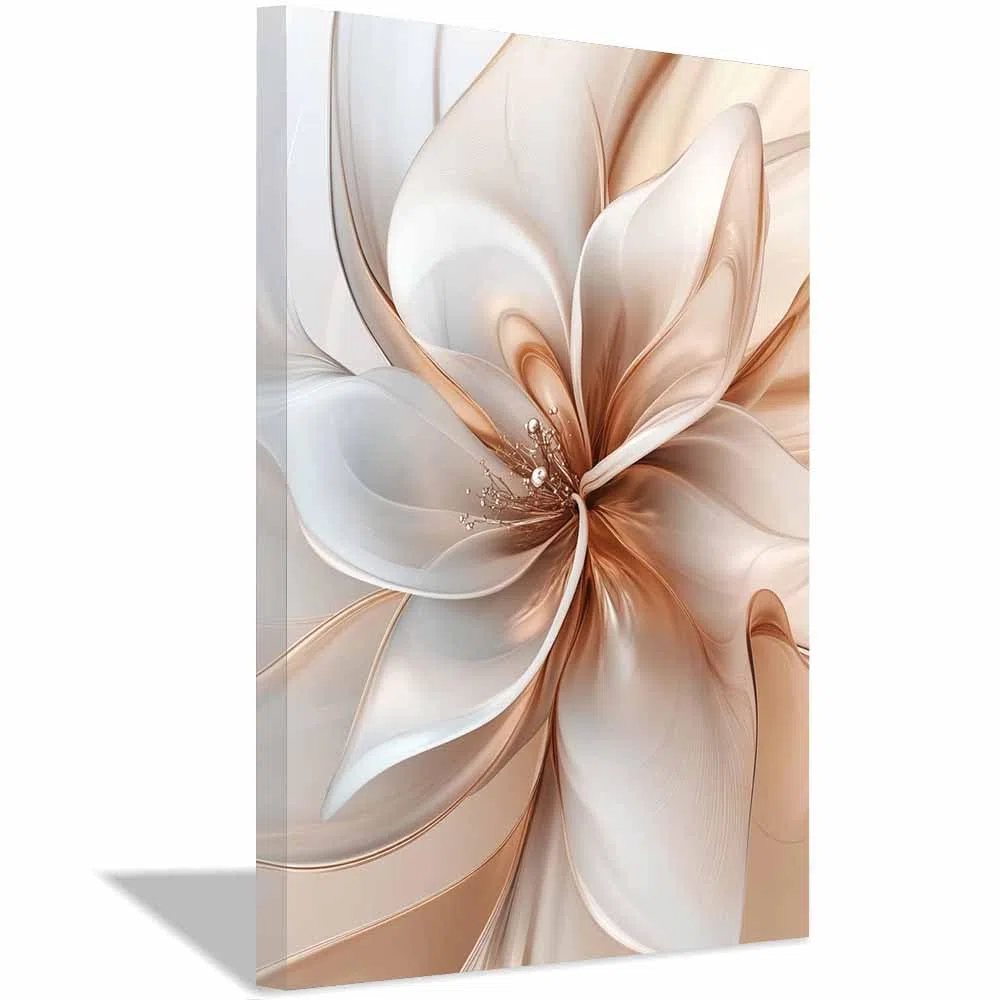 QUSAAOU Wandkunst Beige Weiß Transluzente Blume Design Kunst Rahmen Wohnzimmer Dekoration Moderne Minimalistische Leinwandbilder FüR Esszimmer KüChe Heimdekoration(Beige)-60x90cm Gerahmt