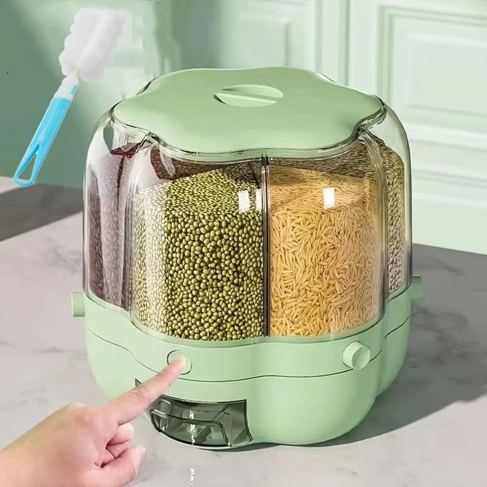 10KG Reis, Mehl, Vorratsbehälter für Trockenfutter, Dezimeter mit Deckel und Messbecher, 360° drehbarer luftdichter Spender mit 6 Fächern, Vollkornreisbox, grün