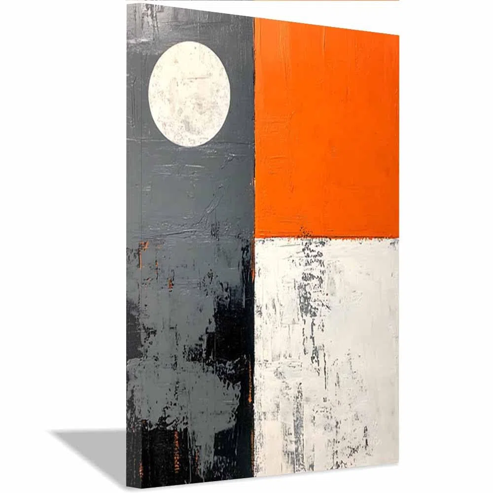 QUSAAOU Muralo Orange Grau Geometrische Mond Malerei Leinwandbild Abstraktion-Motiv- Bild FüR Wohnzimmer, Schlafzimmer, BüRo, Restaurant-Wandbild Wanddeko Modern(Orange)-60x90cm Gerahmt