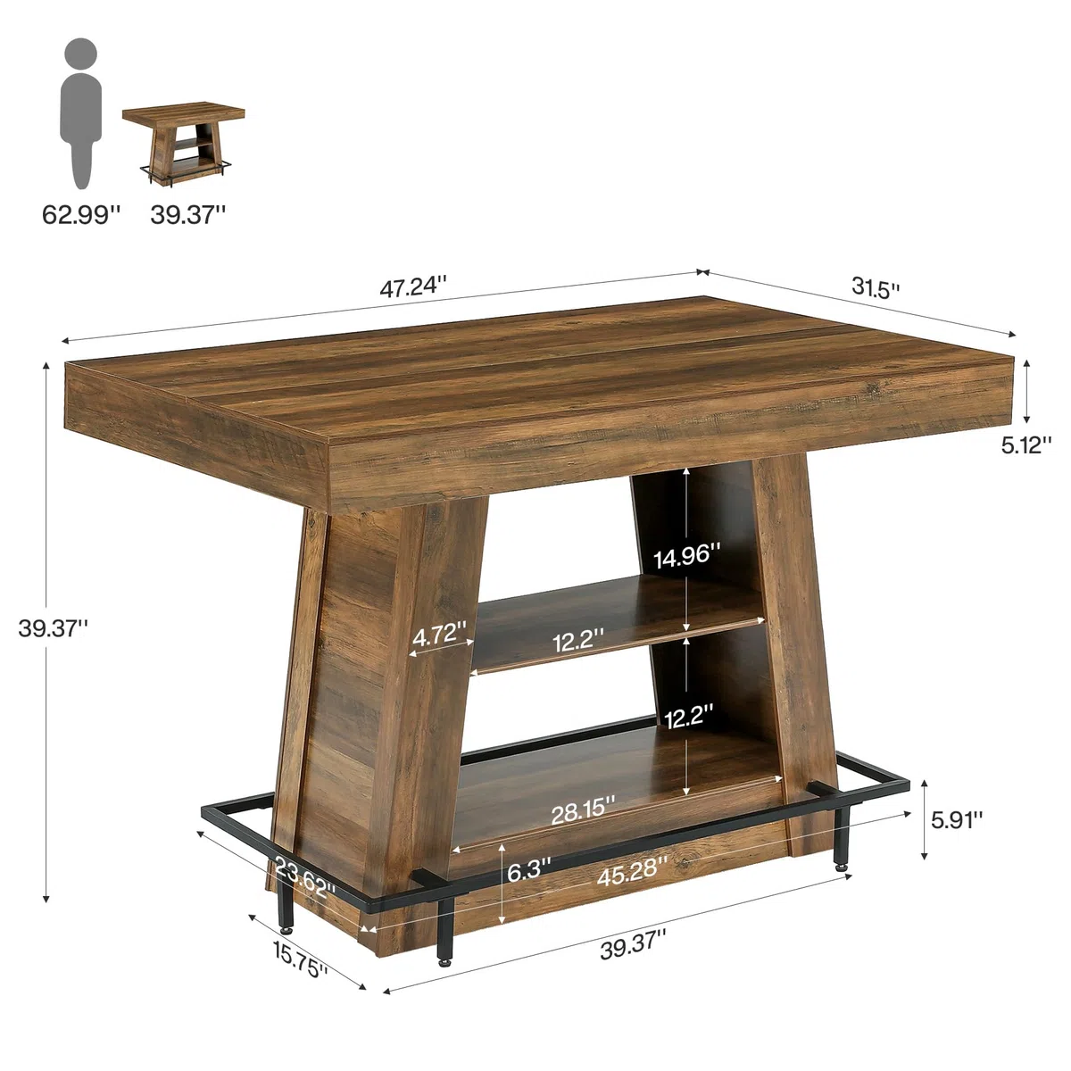 Tribesigns Bartisch 120 x 80 x 100 cm, Stehtisch mit 3 Ablagen, Bistrotisch mit Fußstütze, rechteckiger Hochtisch im Industrial-Stil für Küche, Esszimmer und Wohnzimmer, Braun