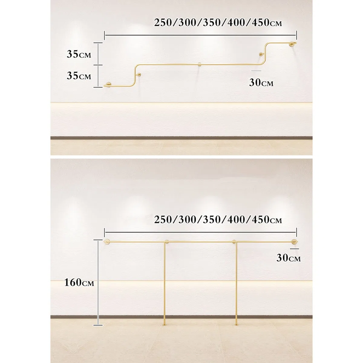 An der Wand montiertes Präsentationsregal aus Metall für Bekleidungsgeschäfte, Schlichter, Goldener Kleiderbügel für Boutique-Bekleidungsgeschäfte, modernes Präsentationsregal für die Aufbew