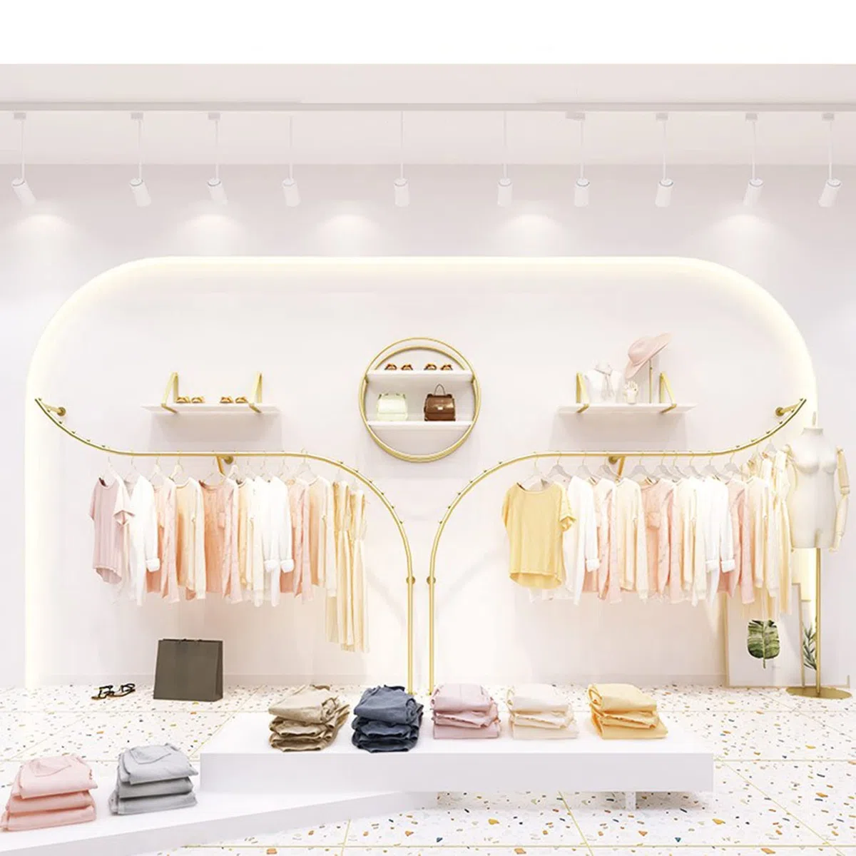 Wandmontierte Boutique-Bekleidungsgeschäft-Präsentationsregale,Moderne Metall-Einzelhandelsgeschäft-Bekleidungs-Präsentationsregale,goldene Kleiderbügel,Schrank-Hängestangen,Waschküchen-Klei
