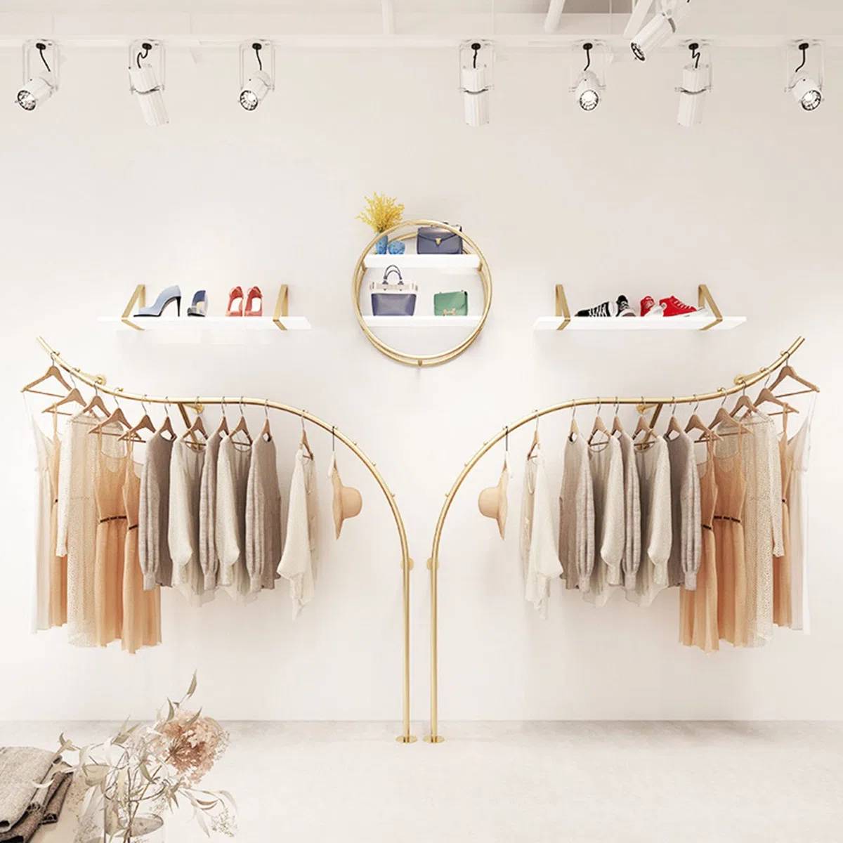 Wandmontierte Boutique-Bekleidungsgeschäft-Präsentationsregale,Moderne Metall-Einzelhandelsgeschäft-Bekleidungs-Präsentationsregale,goldene Kleiderbügel,Schrank-Hängestangen,Waschküchen-Klei