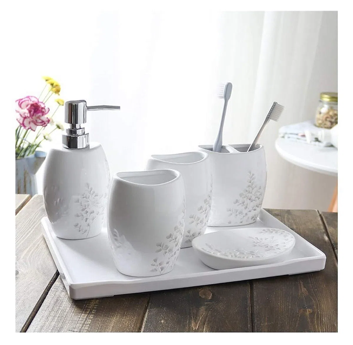 Seifenspender Seifenspender Flaschen Keramik Waschset Fünfteiliges Set von Zweigen Zahnglas Tasse Seifenkiste Seifenflasche Badezimmer Dekoration Dental Set (Farbe: D)(D)