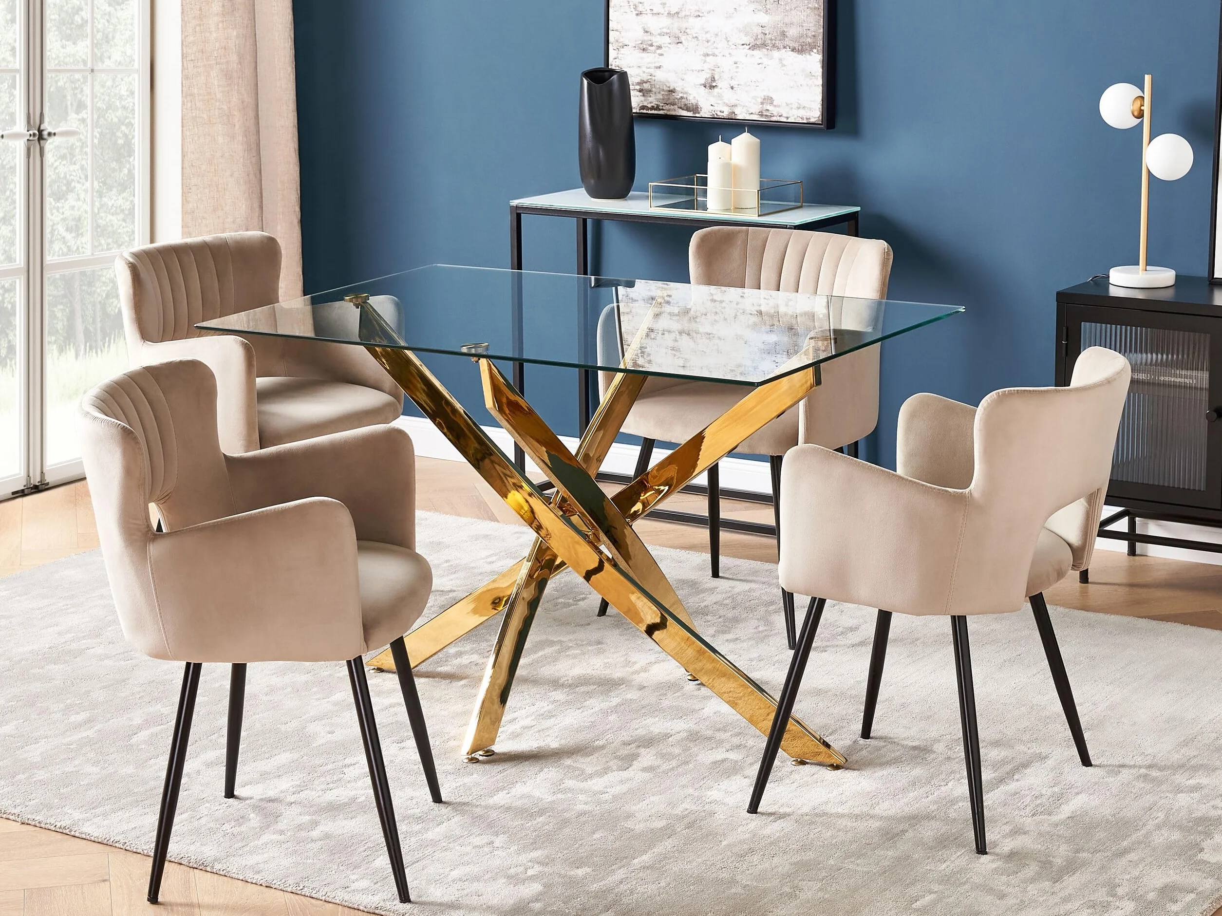 Beliani Esstisch transparent 120x70 cm rechteckig Sicherheitsglas Kreuzfuß Gold Maramo