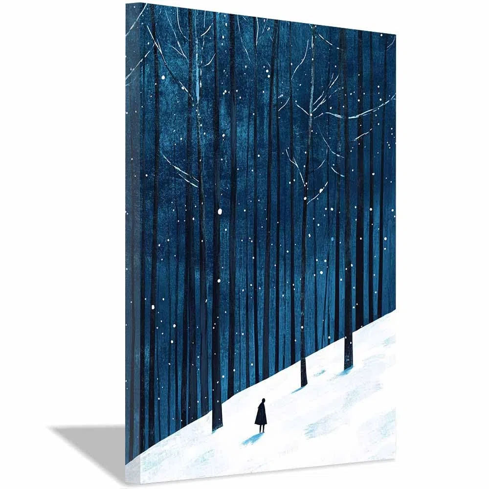 QUSAAOU Abstrakt Blau Weiß Verschneiter Wald Figur Bild Schlafzimmer Bilder Badezimmer Wand Deko Wohnzimmer Moderne Wanddeko Bilderwand Geschenk Abstrakt Kunst Modern(Blue)-60x90cm Gerahmt